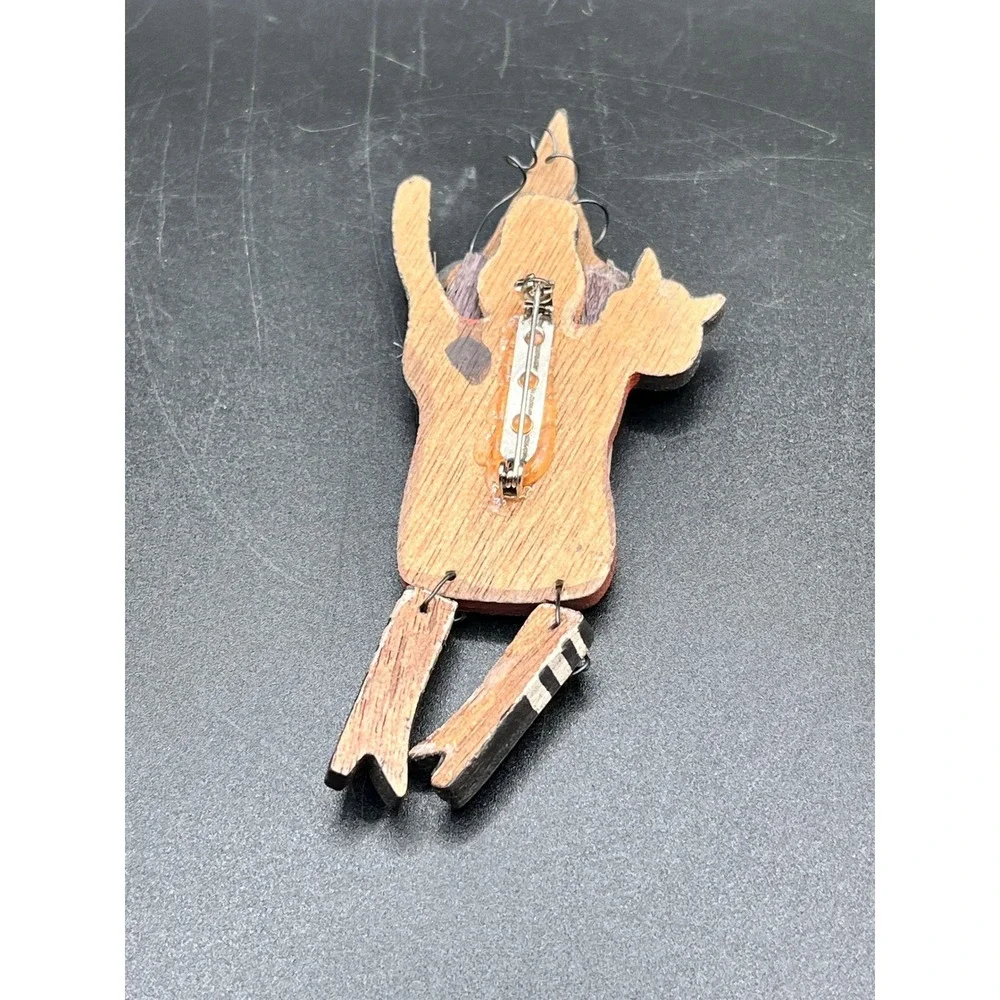 Wooden Witch Cat Halloween Brooch Pin Festive‎ Spooky Boo Witchcore Folk Art Vtg